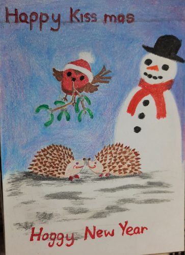Carol W, Christmas card, watercolour pencils & glitter pens.